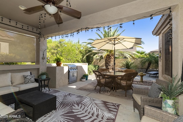 4524 E Narrowleaf Dr, Gilbert, AZ 85298 - view of patio / terrace featuring outdoor dining space, ceiling fan, an outdoor hangout area, and exterior kitchen