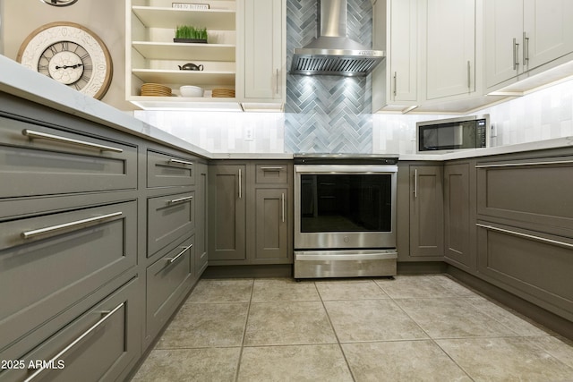 4524 E Narrowleaf Dr, Gilbert, AZ 85298 - kitchen featuring stainless steel range with electric cooktop, wall chimney range hood, light countertops, backsplash, and gray cabinets