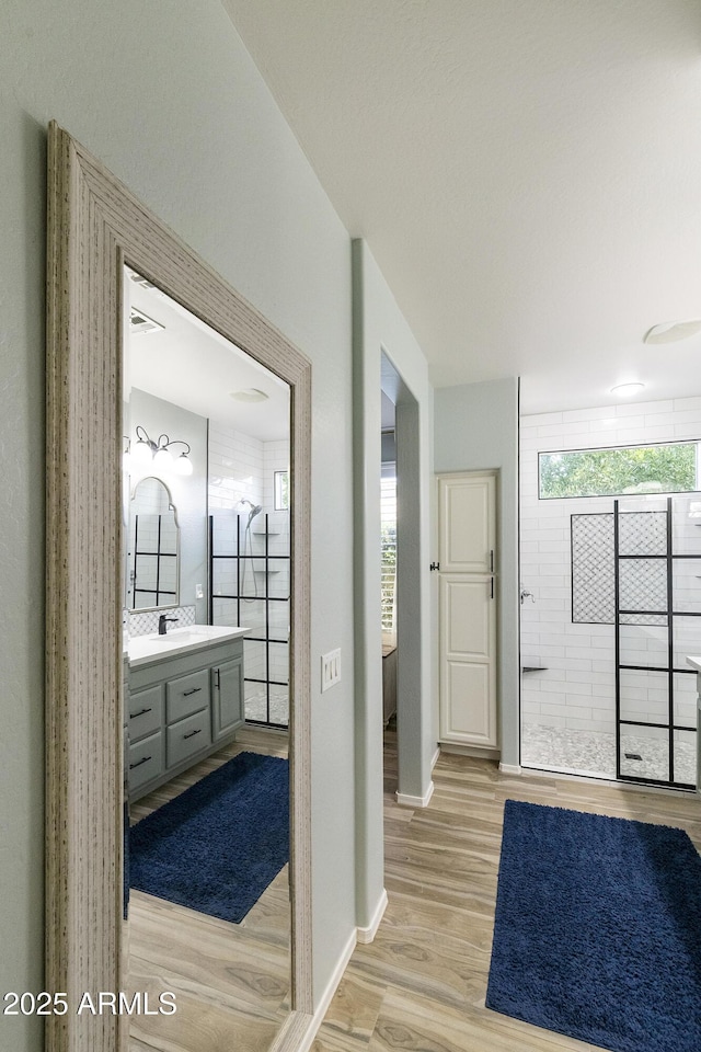 4524 E Narrowleaf Dr, Gilbert, AZ 85298 - full bathroom with vanity, wood finished floors, and a shower