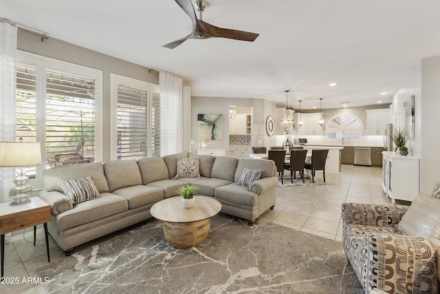 4524 E Narrowleaf Dr, Gilbert, AZ 85298 - living area with ceiling fan, light tile patterned floors, recessed lighting, and a chandelier