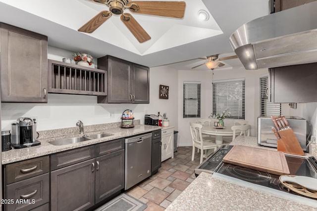 kitchen featuring ceiling fan, dishwasher, sink, and dark brown cabinets