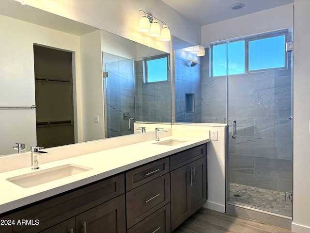 bathroom with vanity, a shower with door, and wood-type flooring