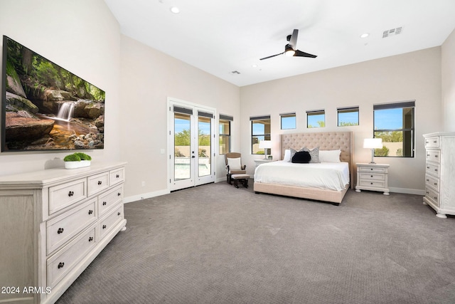 bedroom featuring access to exterior, baseboards, dark colored carpet, and french doors