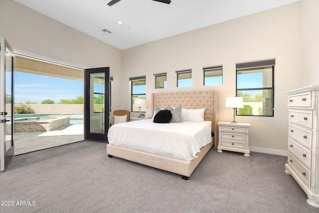 bedroom with ceiling fan, visible vents, baseboards, access to exterior, and dark carpet