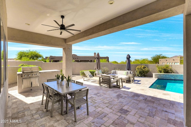 view of patio / terrace featuring outdoor dining area, a fenced backyard, a grill, and an outdoor hangout area