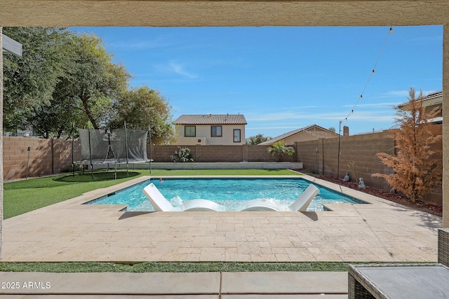 view of pool featuring a patio, a yard, a trampoline, and a fenced backyard