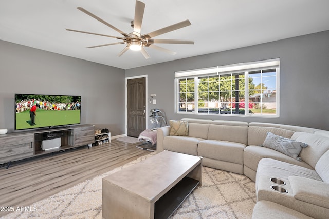 living room featuring ceiling fan and wood finished floors
