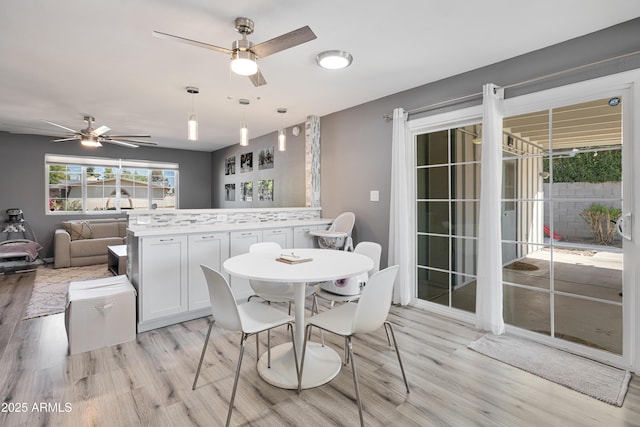 dining space with light wood-style floors and ceiling fan
