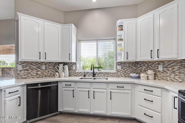 kitchen featuring white cabinetry, a sink, backsplash, and dishwasher