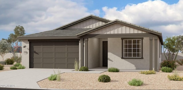 ranch-style home featuring stucco siding, driveway, a garage, and board and batten siding