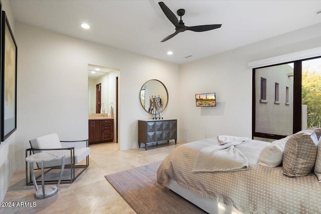 bedroom with ensuite bathroom and ceiling fan