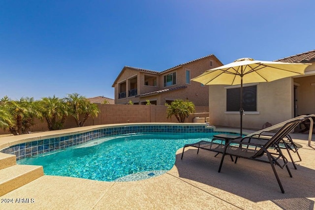 view of swimming pool featuring a patio