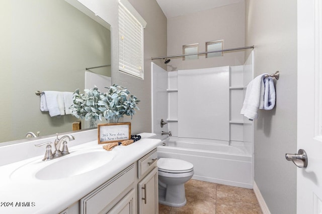 full bathroom with vanity, toilet, bathtub / shower combination, and tile patterned floors