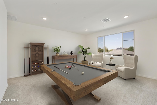 playroom featuring baseboards, carpet, visible vents, and recessed lighting