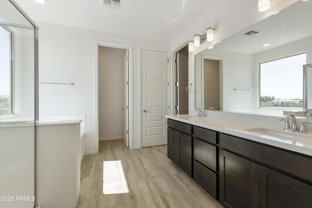 bathroom with wood finished floors, a sink, and visible vents