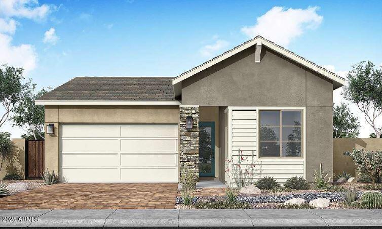 2152 E Mill Rd, San Tan Valley, AZ 85140 - single story home with stucco siding, decorative driveway, a garage, and fence