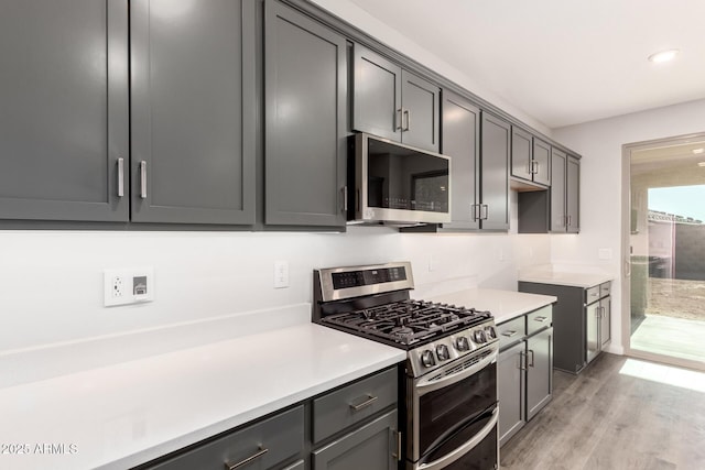 kitchen with gray cabinets, light hardwood / wood-style flooring, and appliances with stainless steel finishes