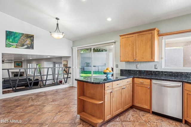 kitchen with open shelves, dark stone counters, vaulted ceiling, pendant lighting, and stainless steel dishwasher