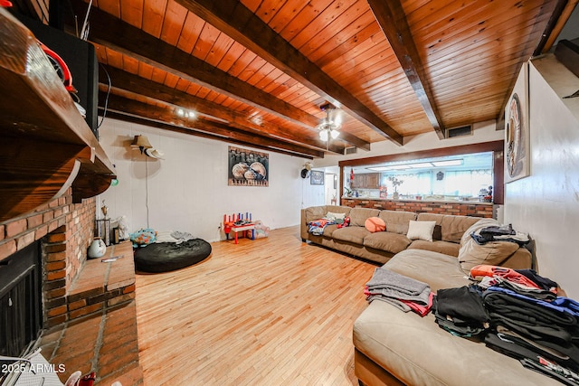 5239 W Maryland Ave, Glendale, AZ 85301 - living room with wood finished floors, beamed ceiling, wooden ceiling, and a brick fireplace