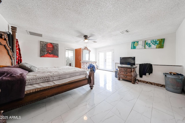 5239 W Maryland Ave, Glendale, AZ 85301 - bedroom with light marble finish flooring, ceiling fan, a textured ceiling, and french doors