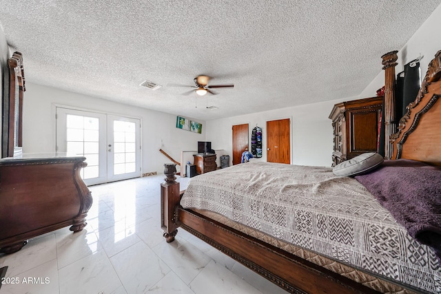 5239 W Maryland Ave, Glendale, AZ 85301 - bedroom featuring light marble finish floors, access to exterior, a ceiling fan, and french doors