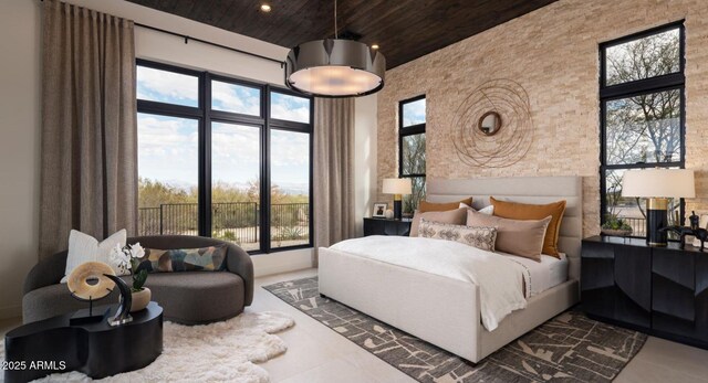 tiled bedroom featuring wooden ceiling, a towering ceiling, and recessed lighting