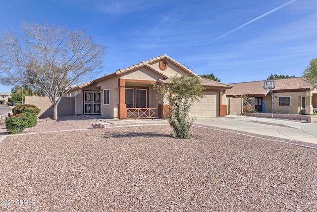 ranch-style home with driveway, stucco siding, a garage, a tile roof, and covered porch