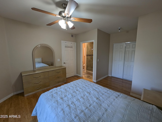 bedroom featuring ceiling fan, a closet, ensuite bath, and light wood-type flooring