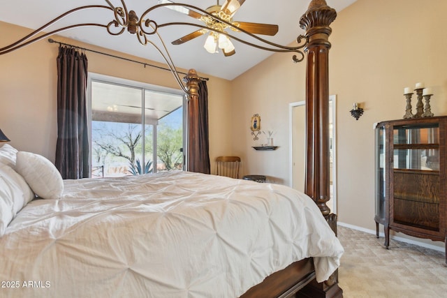 bedroom with light carpet, access to exterior, baseboards, and lofted ceiling