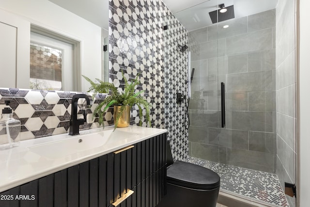 8708 E Rancho Vista Dr, Scottsdale, AZ 85251 - full bathroom with a stall shower, vanity, and backsplash