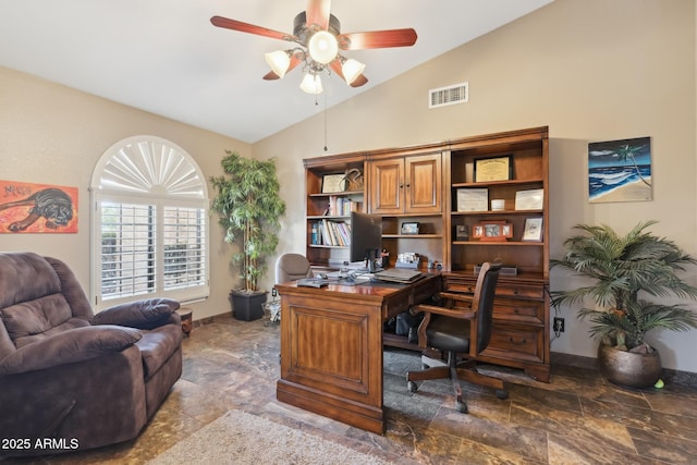 office featuring vaulted ceiling and ceiling fan