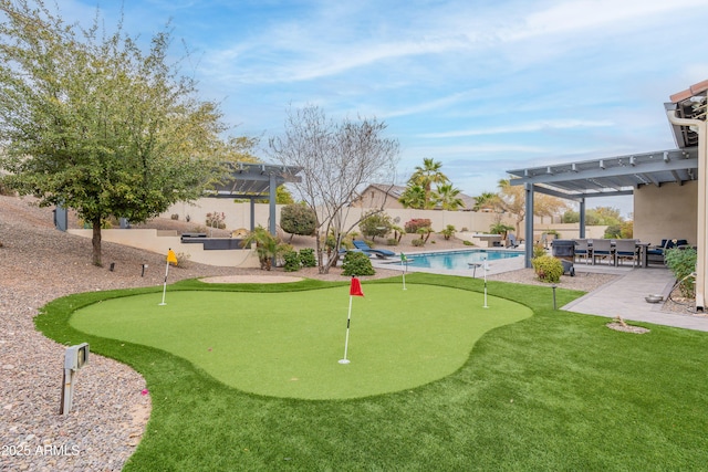 surrounding community with a pergola, a swimming pool, and a patio