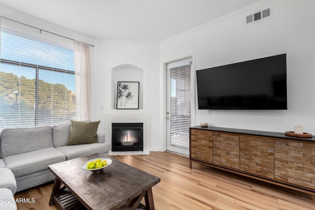 living room with ornamental molding, a fireplace, and light wood-type flooring