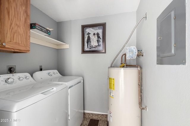 2121 W Union Hills Dr Unit 113, Phoenix, AZ 85027 - washroom featuring electric water heater, separate washer and dryer, cabinet space, electric panel, and baseboards