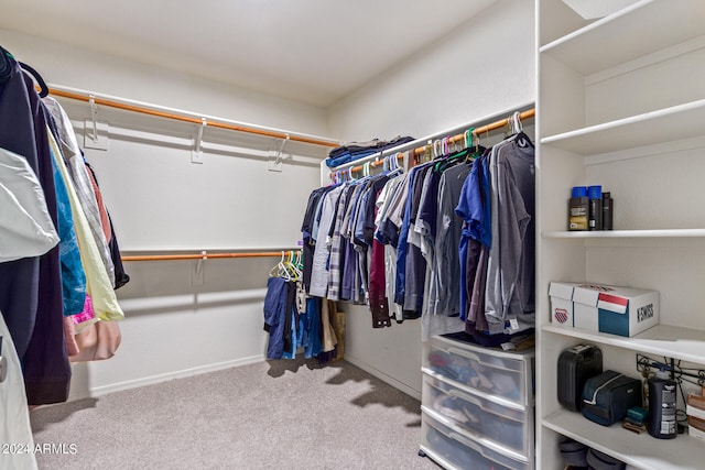 walk in closet with light carpet