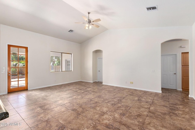 spare room with lofted ceiling and ceiling fan