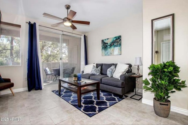 living room with ceiling fan