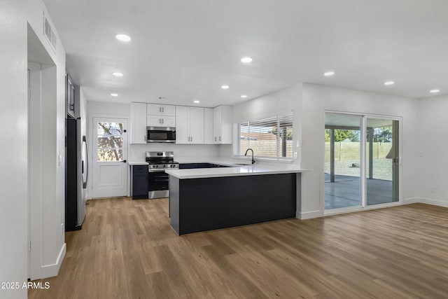 kitchen with wood-type flooring, kitchen peninsula, sink, white cabinetry, and stainless steel appliances