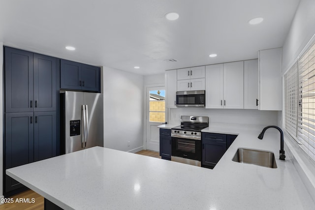 kitchen with white cabinetry, hardwood / wood-style flooring, kitchen peninsula, stainless steel appliances, and sink