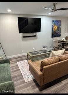 living room with ceiling fan and hardwood / wood-style flooring