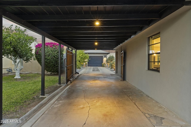 view of parking with a garage