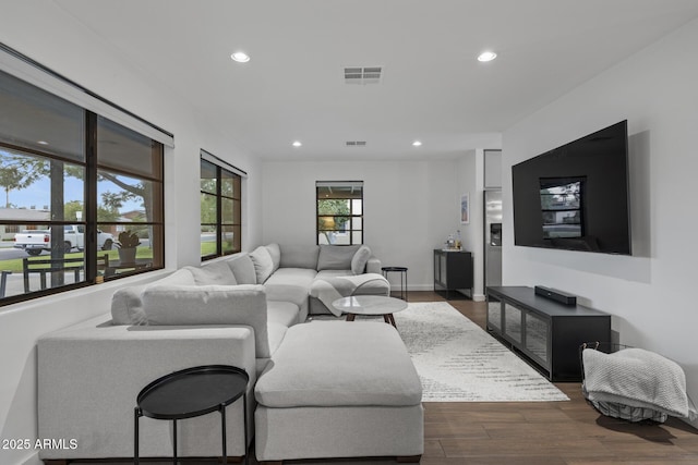 living room with dark hardwood / wood-style flooring