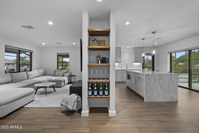 living room with dark hardwood / wood-style flooring