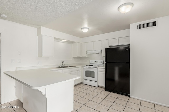 1512 W Crescent Ave, Mesa, AZ 85202 - kitchen with freestanding refrigerator, white electric range, under cabinet range hood, a sink, and a peninsula
