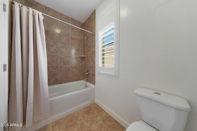 bathroom with toilet, shower / bathtub combination with curtain, and tile patterned flooring