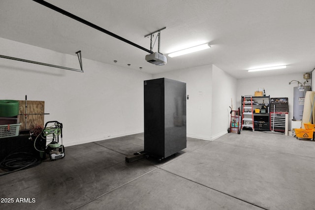 garage featuring a garage door opener and water heater