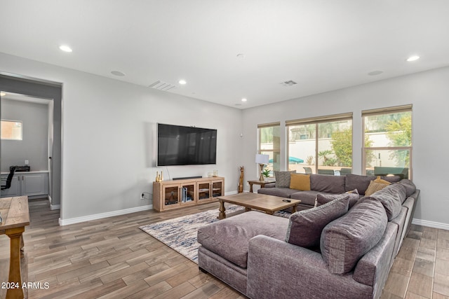 living room featuring light wood-type flooring and a healthy amount of sunlight