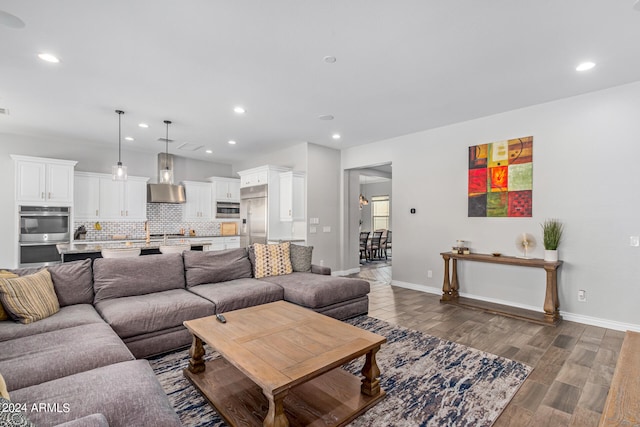 living room with dark wood-type flooring