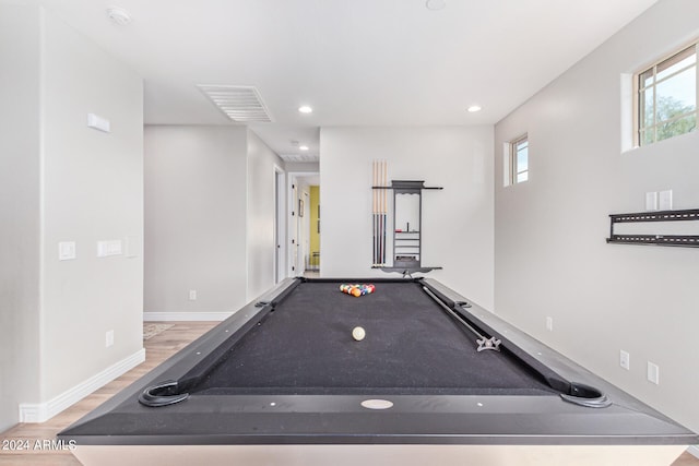 recreation room featuring light hardwood / wood-style flooring and pool table