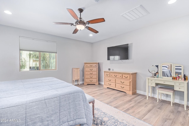 bedroom featuring ceiling fan and light wood-type flooring